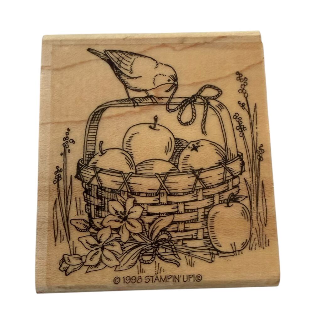 Stampin' Up! Vintage 1998 Garden Basket Of Apple Bird Rubber Stamp